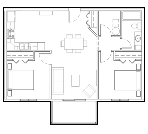 Floor plan for 2 beds, 1 bath, 1020 sqft