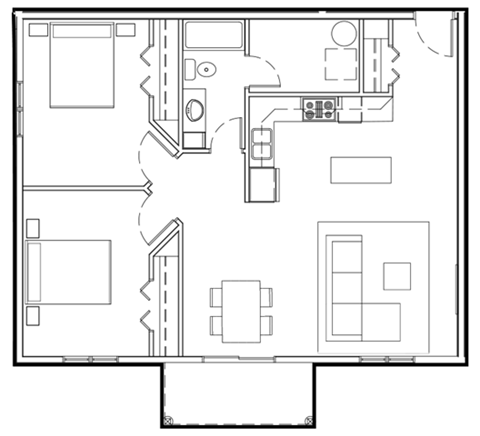 Floor plan for 2 beds, 1 bath, 868 sqft