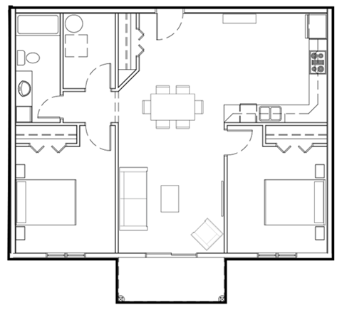 Floor plan for 2 beds, 1 bath, 882 sqft