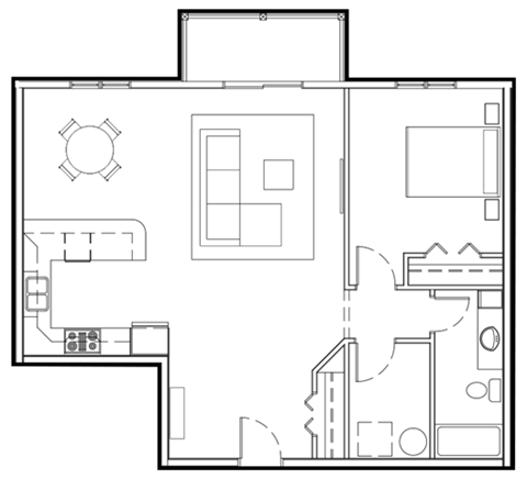 Floor plan for 1 bed, 1 bath, 936 sqft