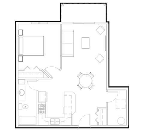 Floor plan for 1 bed, 1 bath, 739 sqft