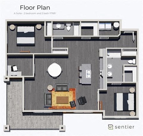 Floor plan for 2 beds, 2 baths, 1390 sqft