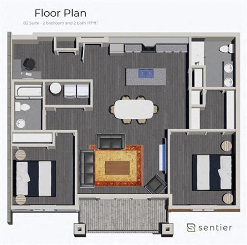 Floor plan for 2 beds, 2 baths, 1171 sqft