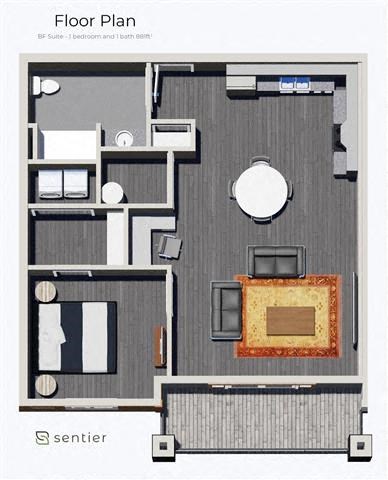 Floor plan for 1 bed, 1 bath, 881 sqft