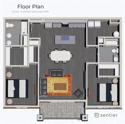 Floor plan for 2 beds, 2 baths, 1176 sqft