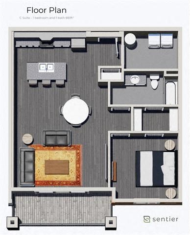 Floor plan for 1 bed, 1 bath, 881 sqft