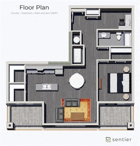 Floor plan for 1 bed, 1 bath, 983 sqft