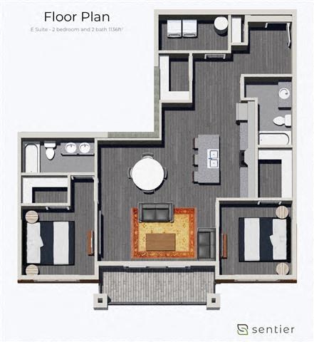 Floor plan for 2 beds, 2 baths, 1136 sqft