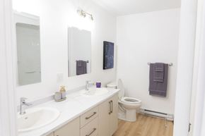 Dieppe townhouse for rent - A white bathroom with a toilet, sink, and mirror.
