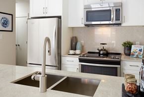 St. Albert apartment for rent - a kitchen with stainless steel appliances and a sink