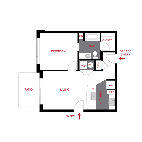 Floor plan for 1 bed, 1 bath, 630 sqft