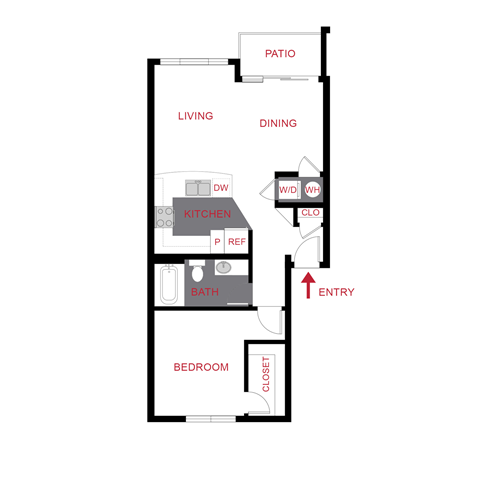 Floor plan for 1 bed, 1 bath, 738 sqft