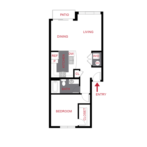 Floor plan for 1 bed, 1 bath, 777 sqft