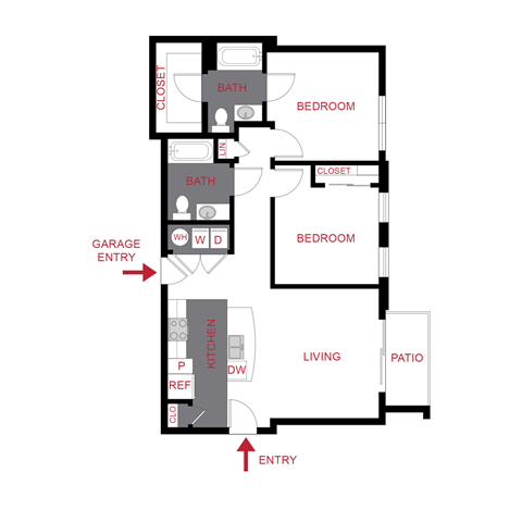 Floor plan for 2 beds, 2 baths, 976 sqft