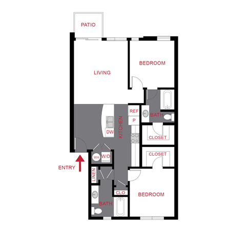 Floor plan for 2 beds, 2 baths, 1044 sqft