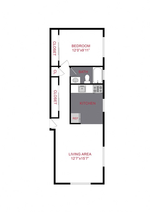 Floor plan for 1 bed, 1 bath, 545 sqft