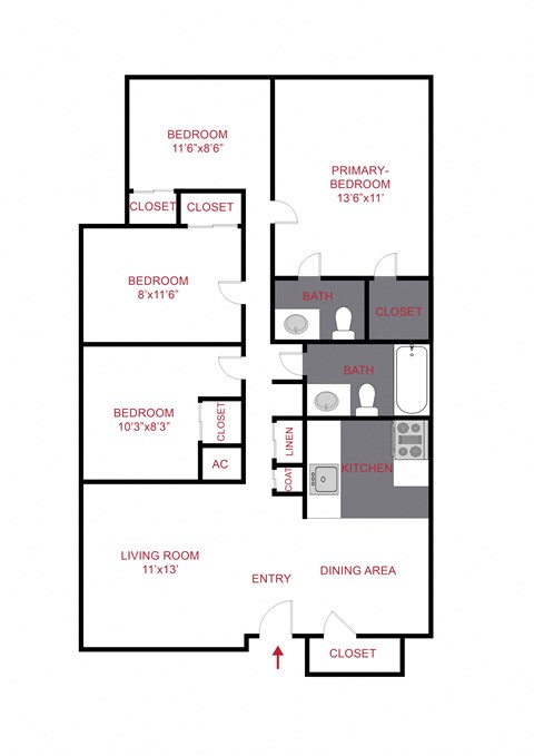 Floor plan for 4 beds, 1.5 baths, 1125 sqft