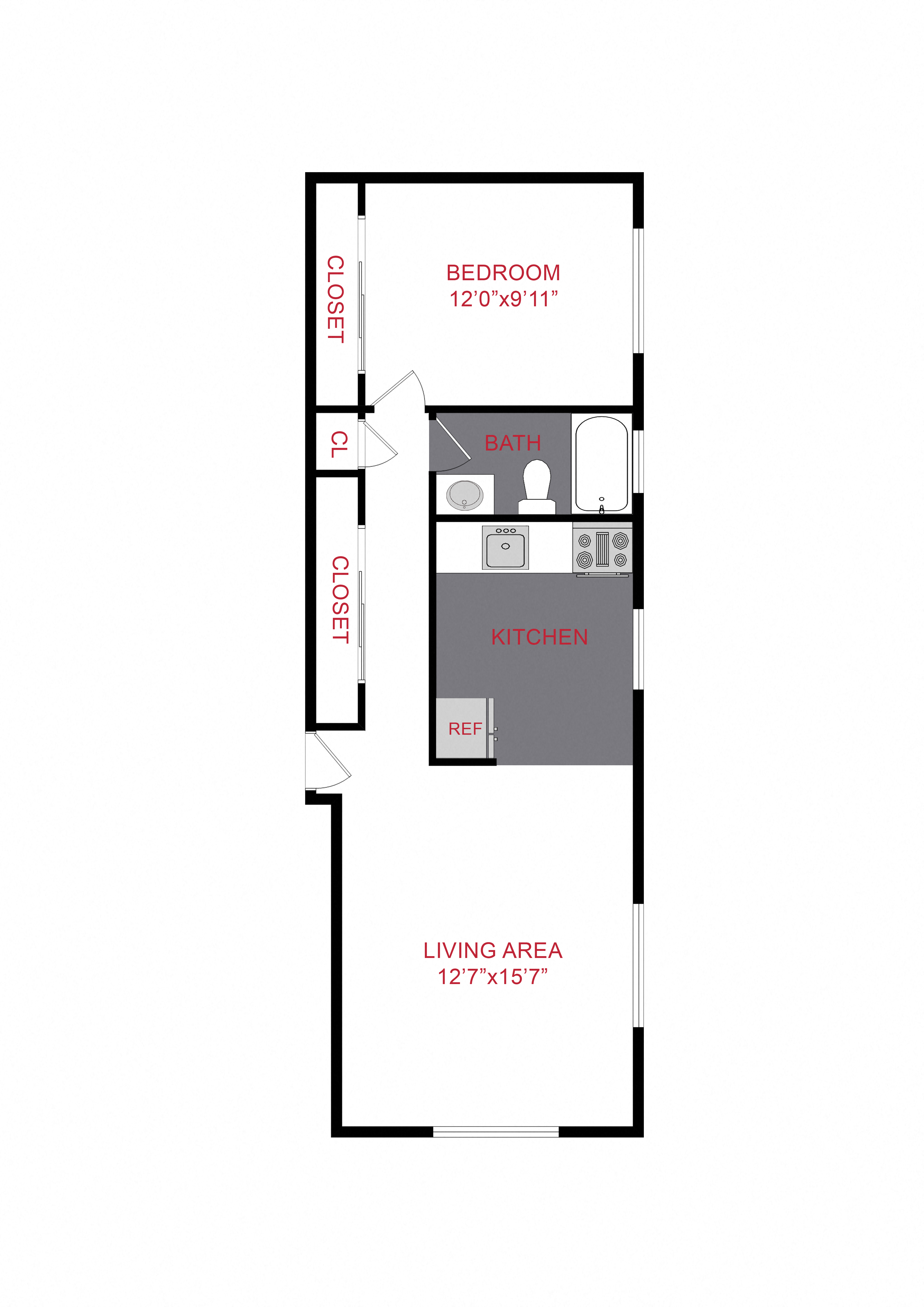 Floor plan for 1 bed, 1 bath, 595 sqft