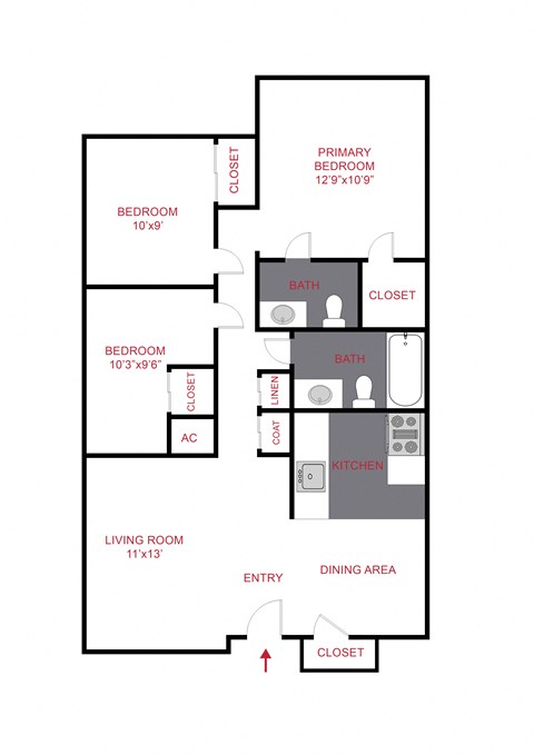 Floor plan for 3 beds, 1.5 baths, 970 sqft