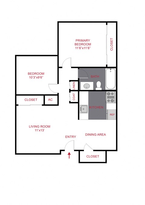 Floor plan for 2 beds, 1 bath, 775 sqft