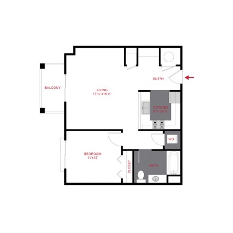 Floor plan for 1 bed, 1 bath, 703 sqft