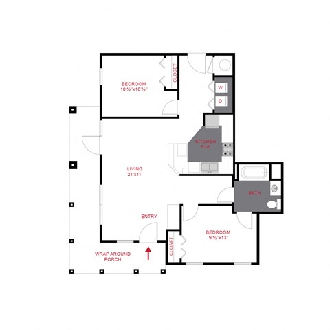 Floor plan for 2 beds, 1 bath, 947 sqft