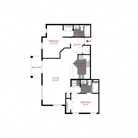 Floor plan for 2 beds, 2 baths, 947 sqft