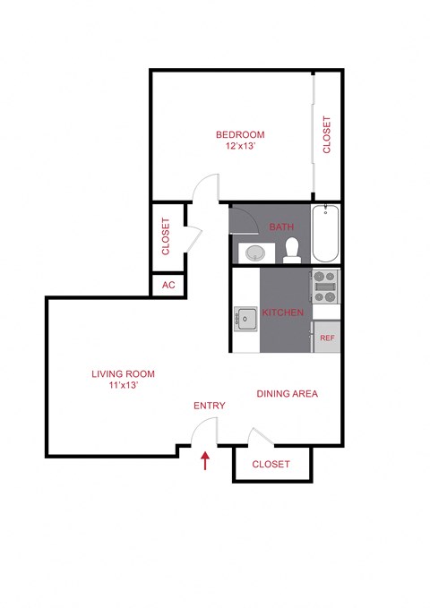 Floor plan for 1 bed, 1 bath, 643 sqft