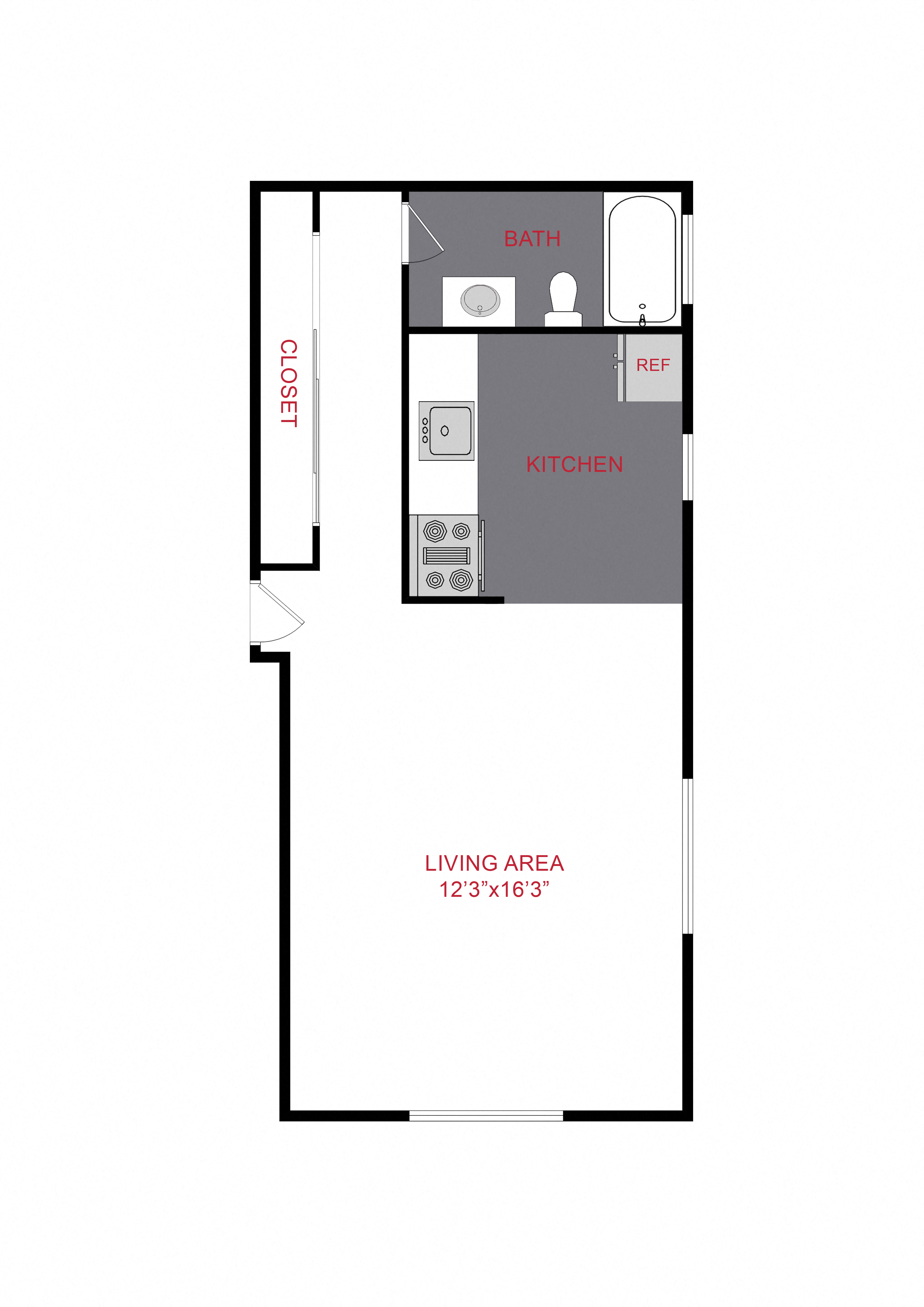 Floor plan for studio, 1 bath, 420 sqft