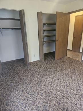 Newton apartment for rent - A room with a carpeted floor and a closet with shelves.