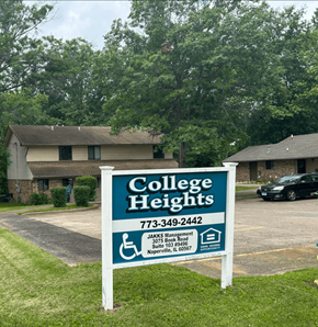 Eldorado apartment for rent - A sign for College Heights with a phone number and address.
