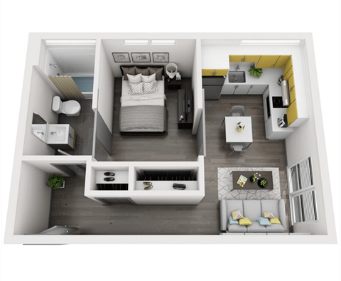 Floor plan for 1 bed, 1 bath, 435 sqft