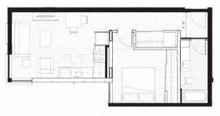 Floor plan for 1 bed, 1 bath, 646 sqft