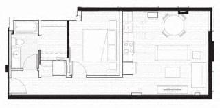 Floor plan for 1 bed, 1 bath, 689 sqft