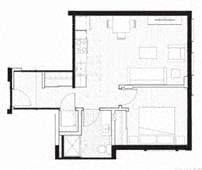 Floor plan for 1 bed, 1 bath, 614 sqft