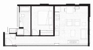 Floor plan for 1 bed, 1 bath, 652 sqft