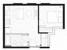 Floor plan for 1 bed, 1 bath, 457 sqft