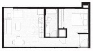 Floor plan for 1 bed, 1 bath, 634 sqft