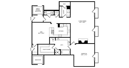 Floor plan for 1 bed, 1.5 baths, 1956 sqft