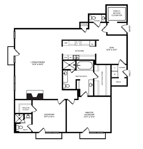 Floor plan for 2 beds, 2.5 baths, 2114 sqft