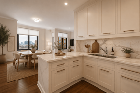 Stamford apartment for rent - A kitchen with white cabinets and a marble backsplash.