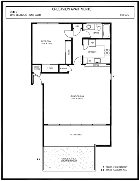 Floor plan for 1 bed, 1 bath, 948 sqft