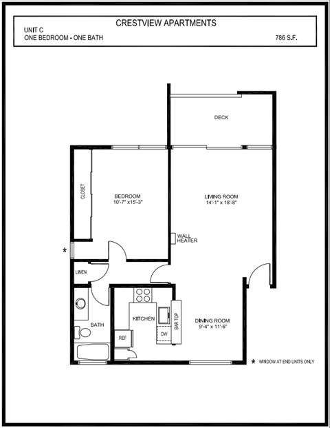 Floor plan for 1 bed, 1 bath, 786 sqft