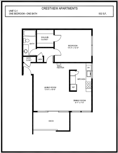Floor plan for 1 bed, 1 bath, 932 sqft