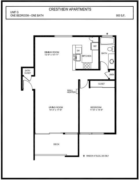 Floor plan for 1 bed, 1 bath, 900 sqft