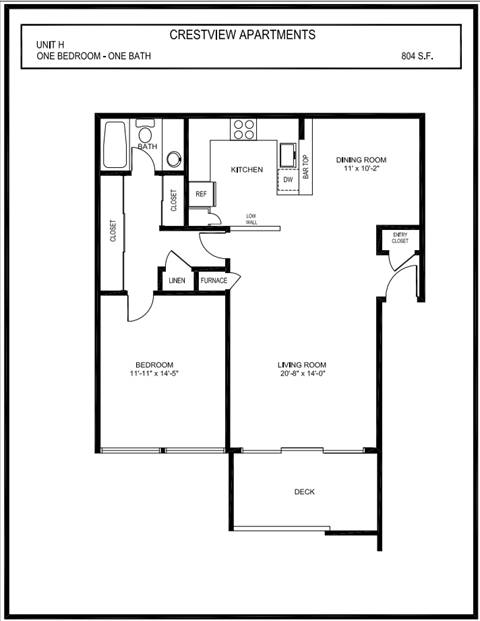 Floor plan for 1 bed, 1 bath, 804 sqft