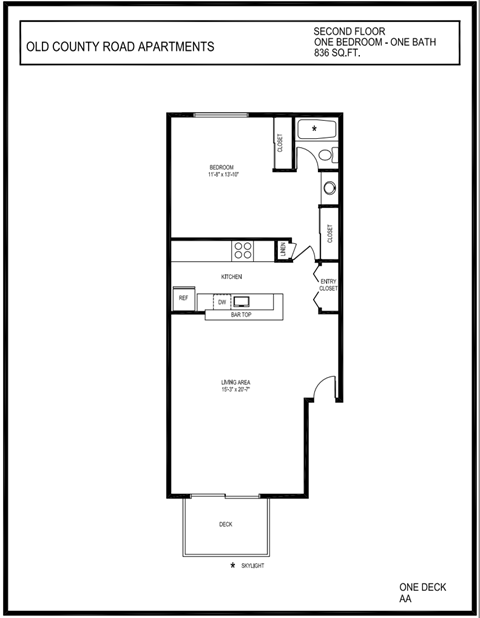 Floor plan for 1 bed, 1 bath, 836 sqft