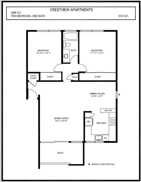 Floor plan for 2 beds, 1 bath, 1010 sqft