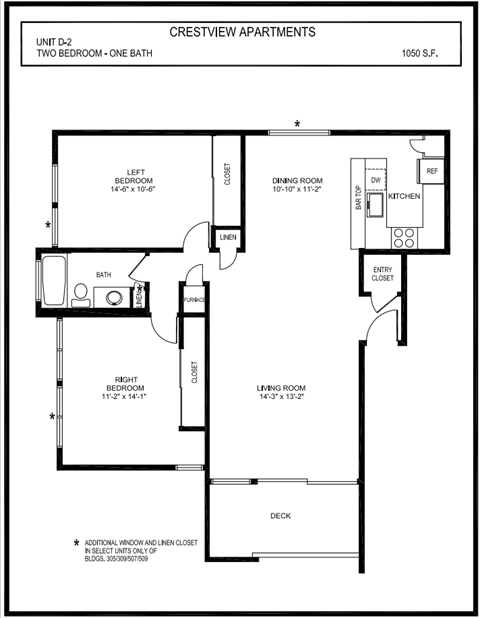 Floor plan for 2 beds, 1 bath, 1050 sqft