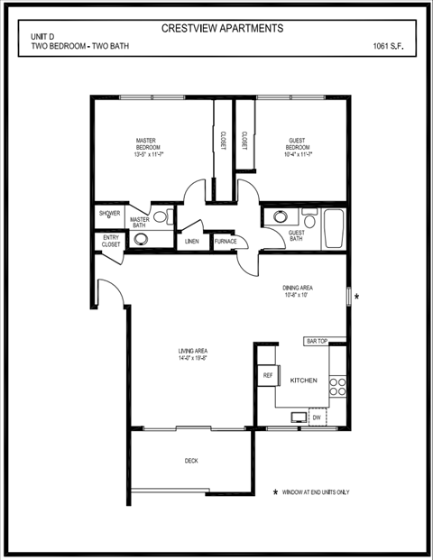 Floor plan for 2 beds, 2 baths, 1061 sqft